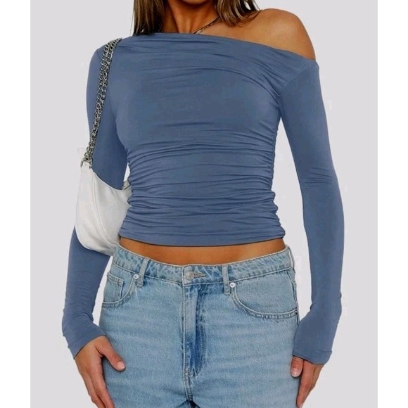 Small, Women's Long Sleeve Boat Neck Off Shoulder Slim Fit Crop Top, Blue Grey - Picture 1 of 4